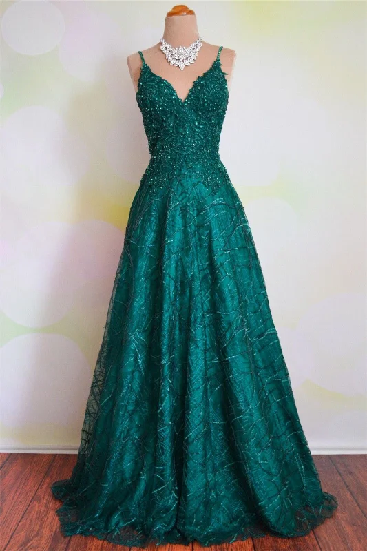 Peacock Green A-line Tulle Spaghetti Strap Backless Lace Long Formal Dress