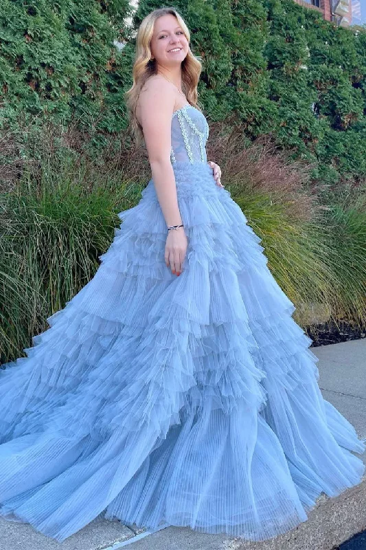 Princess Blue Strapless Tiered Tulle Prom Gown,DP0195