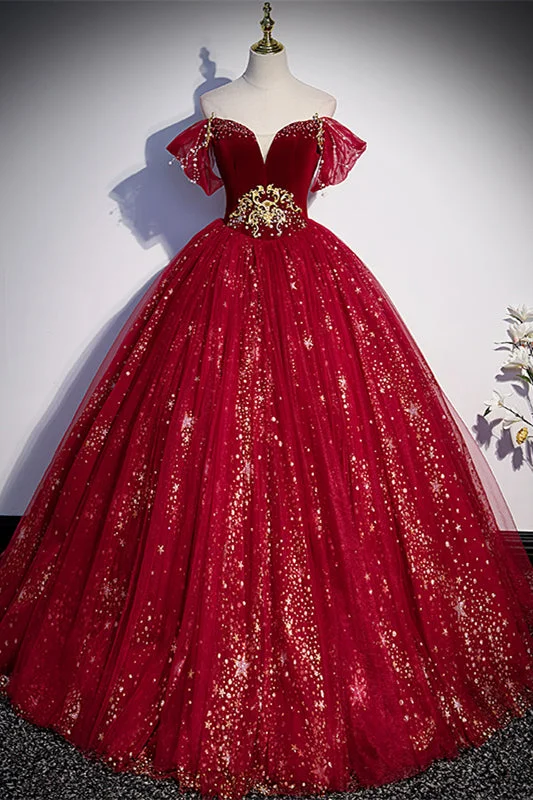 Red Off-the-Shoulder Lace-Up Tulle Long Formal Dress with Gold Adornment