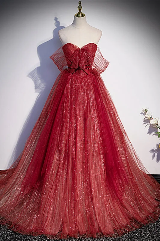 Red Sparkly Sweetheart Tulle Long Formal Dress with Detachable Off-the-Shoulder