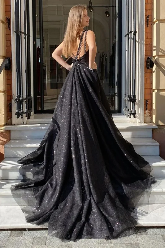 Shiny Tulle V Neck Open Back Black Long Prom Dresses with High Slit, Sparkly Black Tulle Formal Graduation Evening Dresses,DS4522